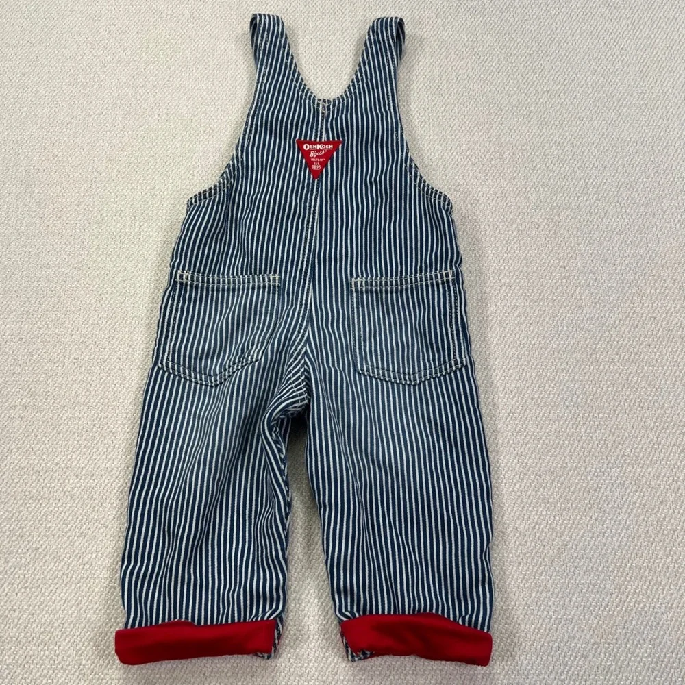 OshKosh B'gosh Overalls Kids 12M Blue Hickory Stripe Cuffed Jersey Lined Bibs
